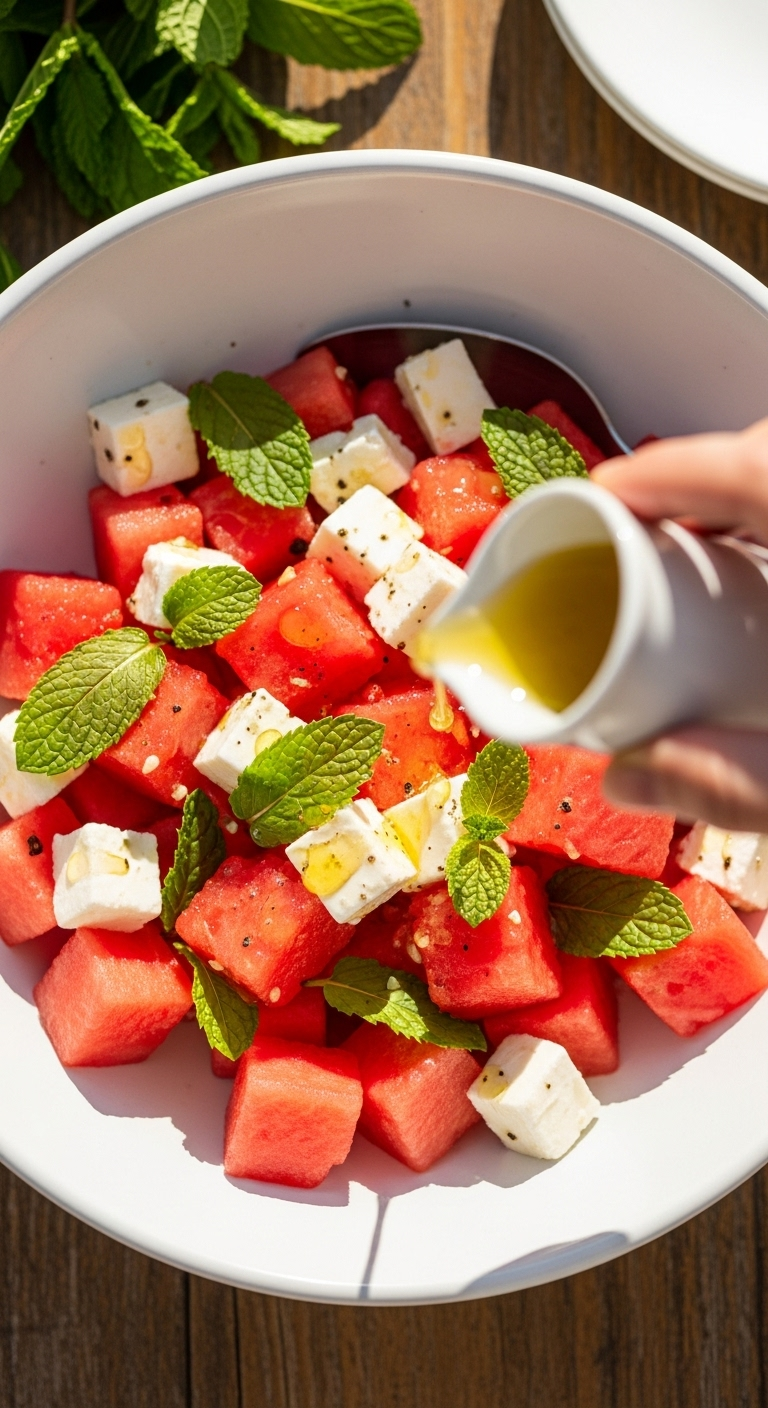 Top-down view of vibrant watermelon feta and mint salad in a white bowl with vinaigrette being drizzled, set on a rustic wooden table in bright natural summer light.