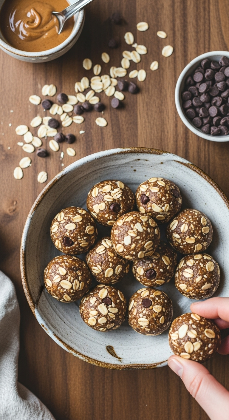 Photorealistic top-down shot of freshly rolled energy balls in a handmade ceramic bowl, with oats and mini chocolate chips scattered nearby, and a hand rolling the final ball, capturing the warm, rustic tones and inviting texture of the snack.