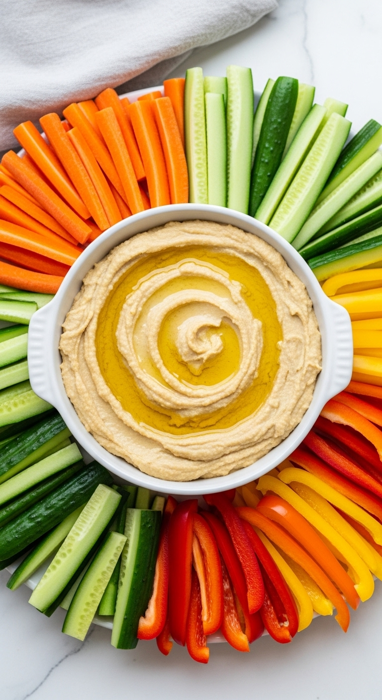 Photorealistic image of a snack board with a bowl of creamy hummus drizzled with olive oil, surrounded by colorful vegetable sticks—carrots, cucumbers, and bell peppers—arranged vibrantly, showcasing the fresh and vibrant nature of the snack.