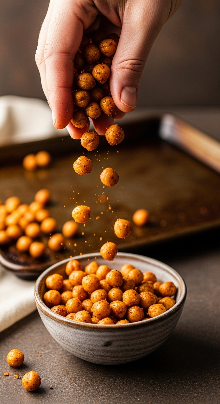 Photorealistic action shot of crispy roasted chickpeas being sprinkled into a rustic bowl, showcasing their golden-brown texture and seasoning, with a few stray chickpeas on a baking sheet in the background, capturing the warm, crunchy snack.