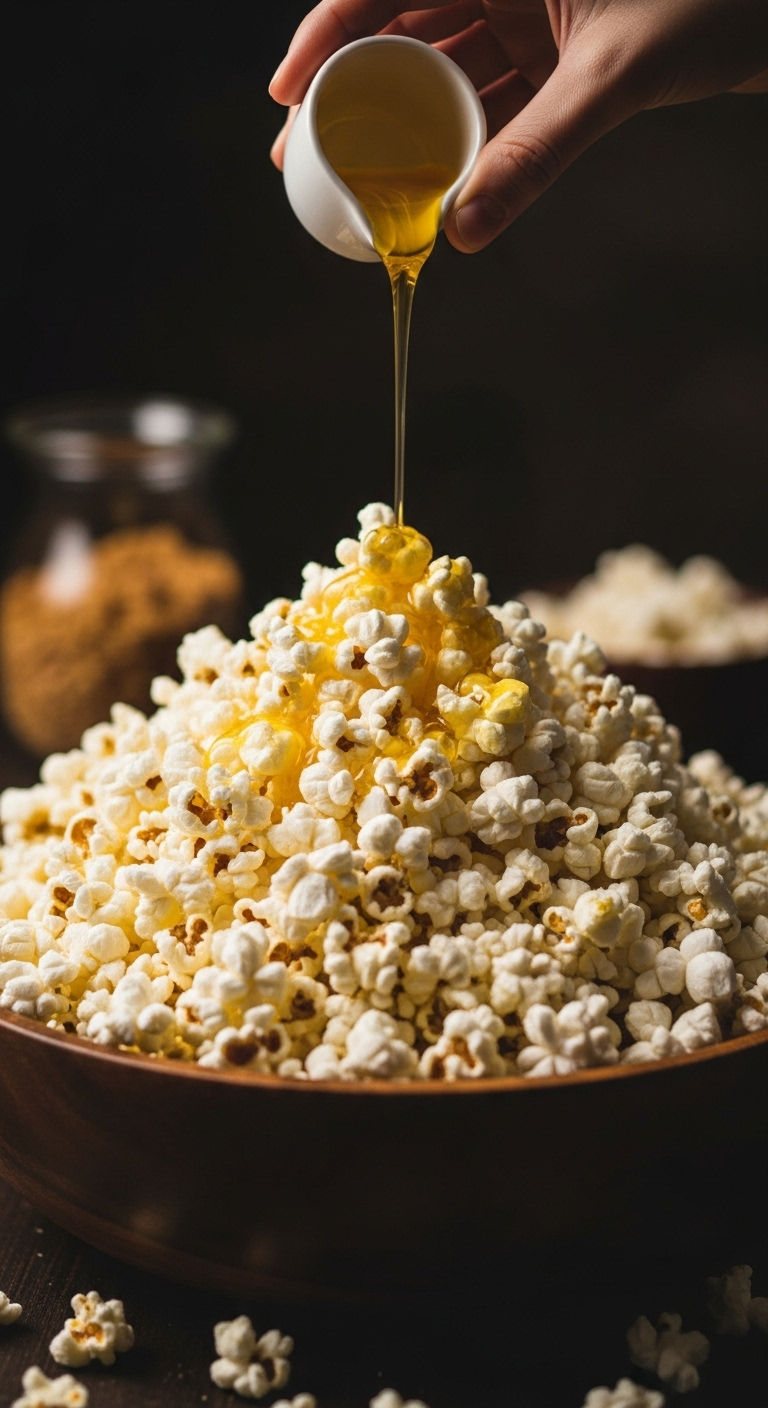 Photorealistic image of a large bowl of fluffy popcorn, with a hand drizzling golden melted butter over the top, set in cozy, warm lighting, evoking a comforting movie night atmosphere.