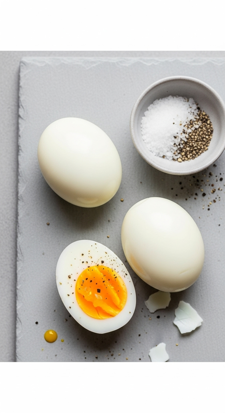 Photorealistic image of three perfect hard-boiled eggs—one whole, one peeled, and one sliced in half to reveal a bright yellow yolk—set on a minimalist background with a pinch bowl of sea salt and black pepper nearby.