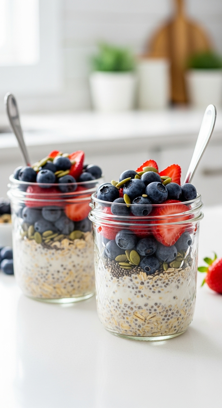 Photorealistic image of two glass jars of overnight oats layered with chia seeds, milk, and topped with fresh blueberries, sliced strawberries, and pumpkin seeds, set on a bright, airy kitchen counter with morning light streaming in.