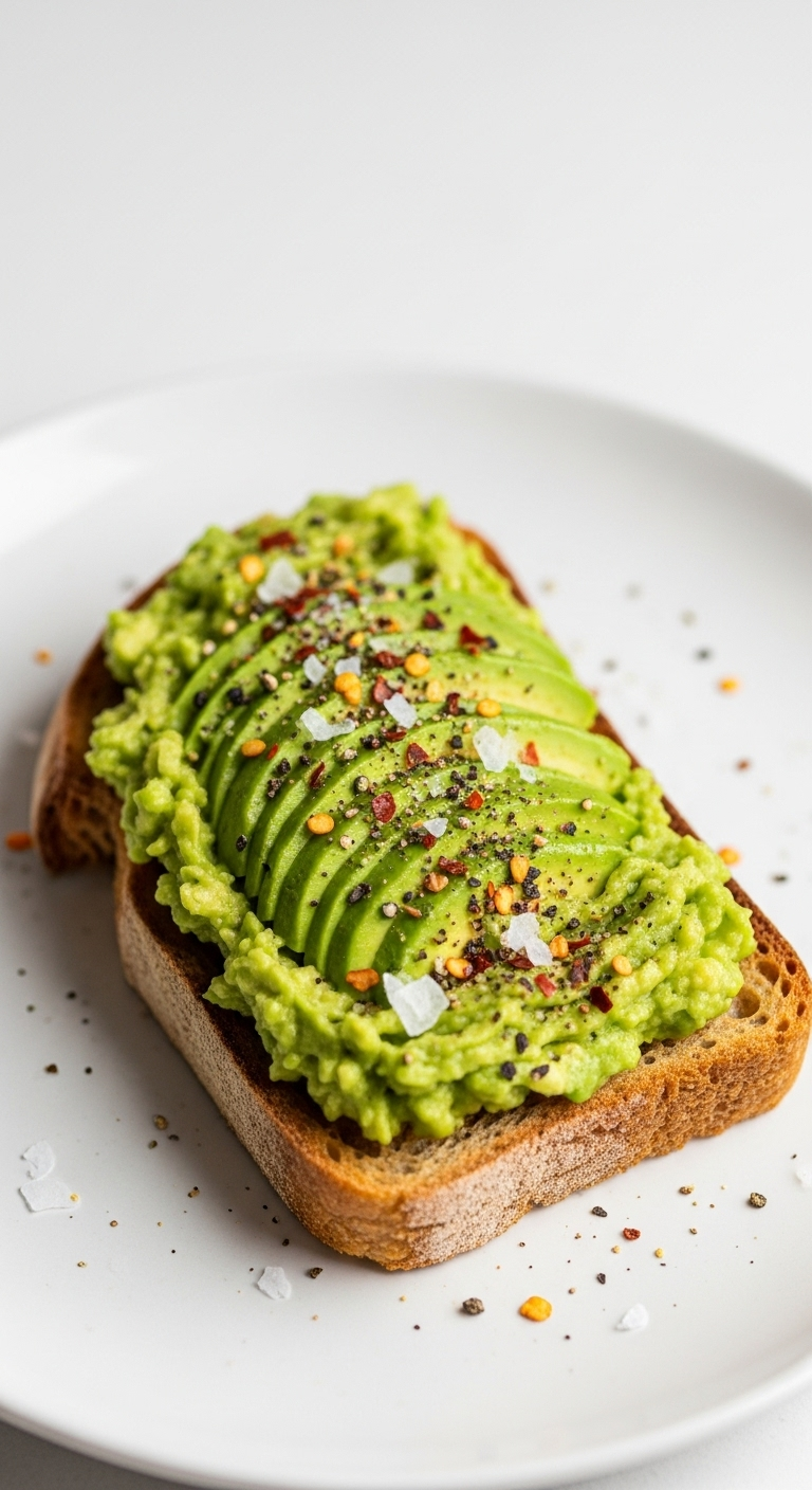 Photorealistic image of a slice of avocado toast on rustic sourdough, topped with mashed avocado, flaky salt, coarse black pepper, and red pepper flakes, presented on a minimalist white plate with vibrant green and brown tones.
