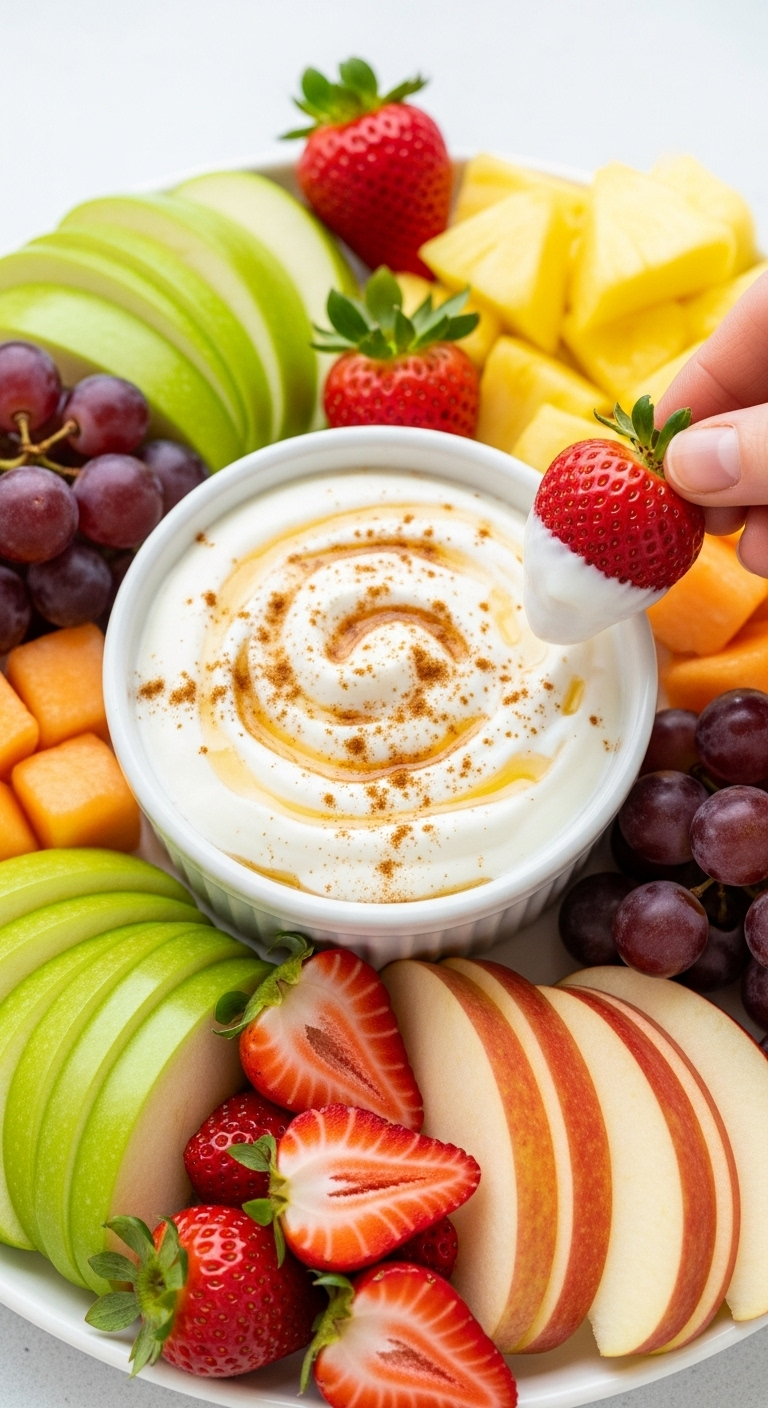 Photorealistic image of a deconstructed fruit platter with vibrant strawberries, apple slices, grapes, and pineapple, accompanied by a white bowl of creamy yogurt dip swirled with honey and cinnamon, showcasing a refreshing and colorful snack.