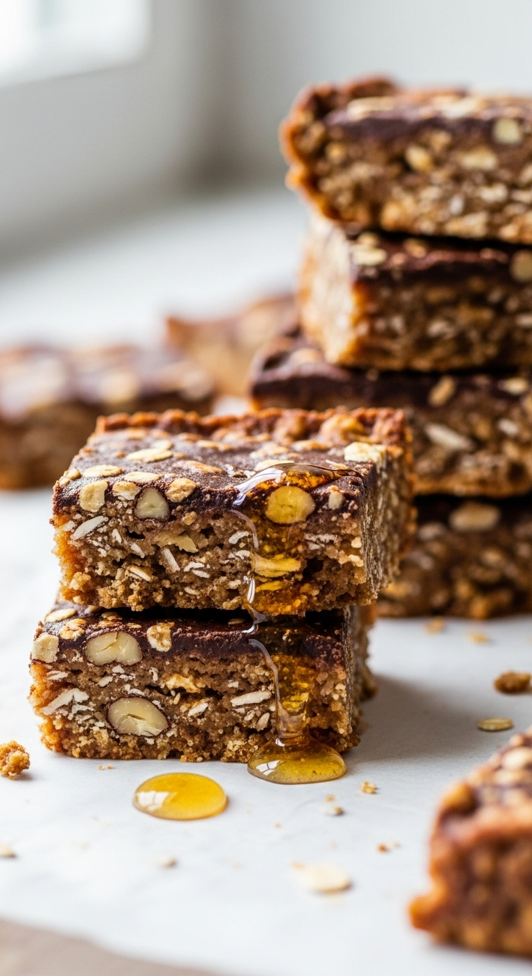 Photorealistic close-up of a stack of homemade granola bars on parchment paper, with one bar broken in half to reveal its chewy texture, oats, nuts, and honey pockets, accompanied by a drizzle of honey, highlighting the wholesome, delicious texture.