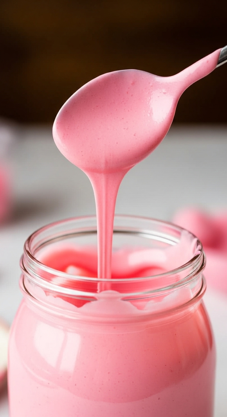 Close-up of a spoon lifting smooth melted pink candy from a glass jar with a warm drizzle, showing perfect consistency for coating Starbucks copycat birthday cake pops
