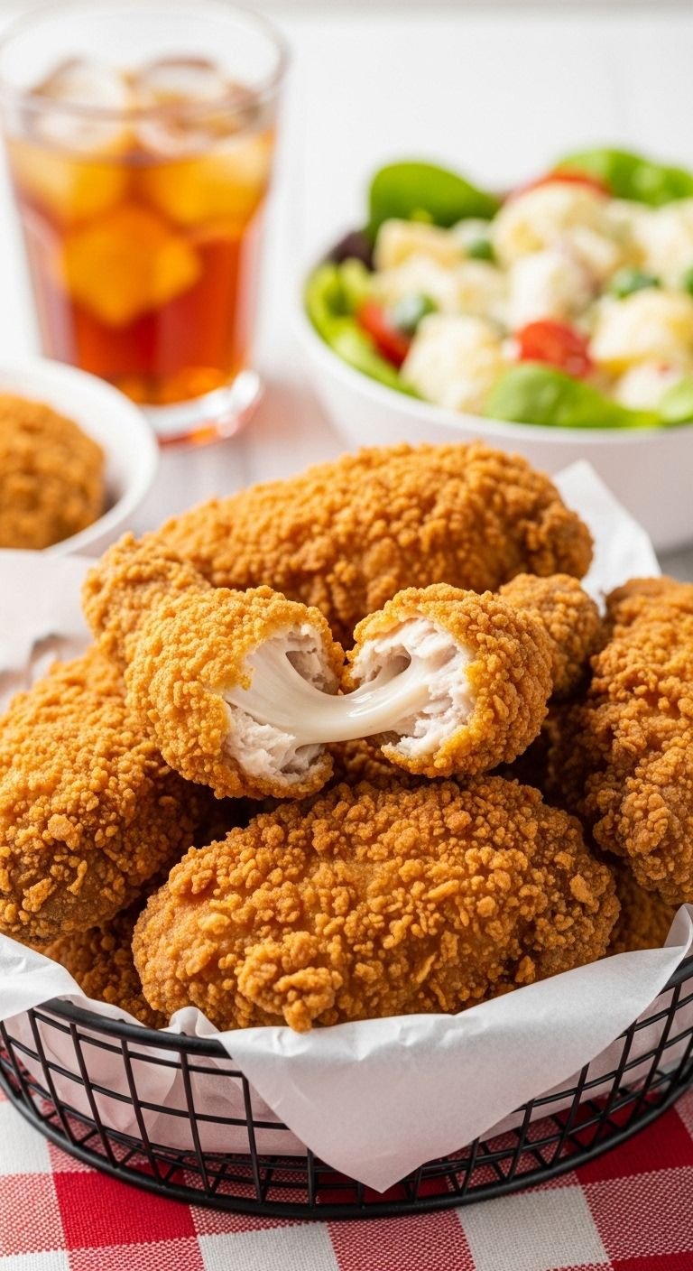 A wire basket overflowing with golden crispy fried chicken, with a piece broken open to show the juicy interior.