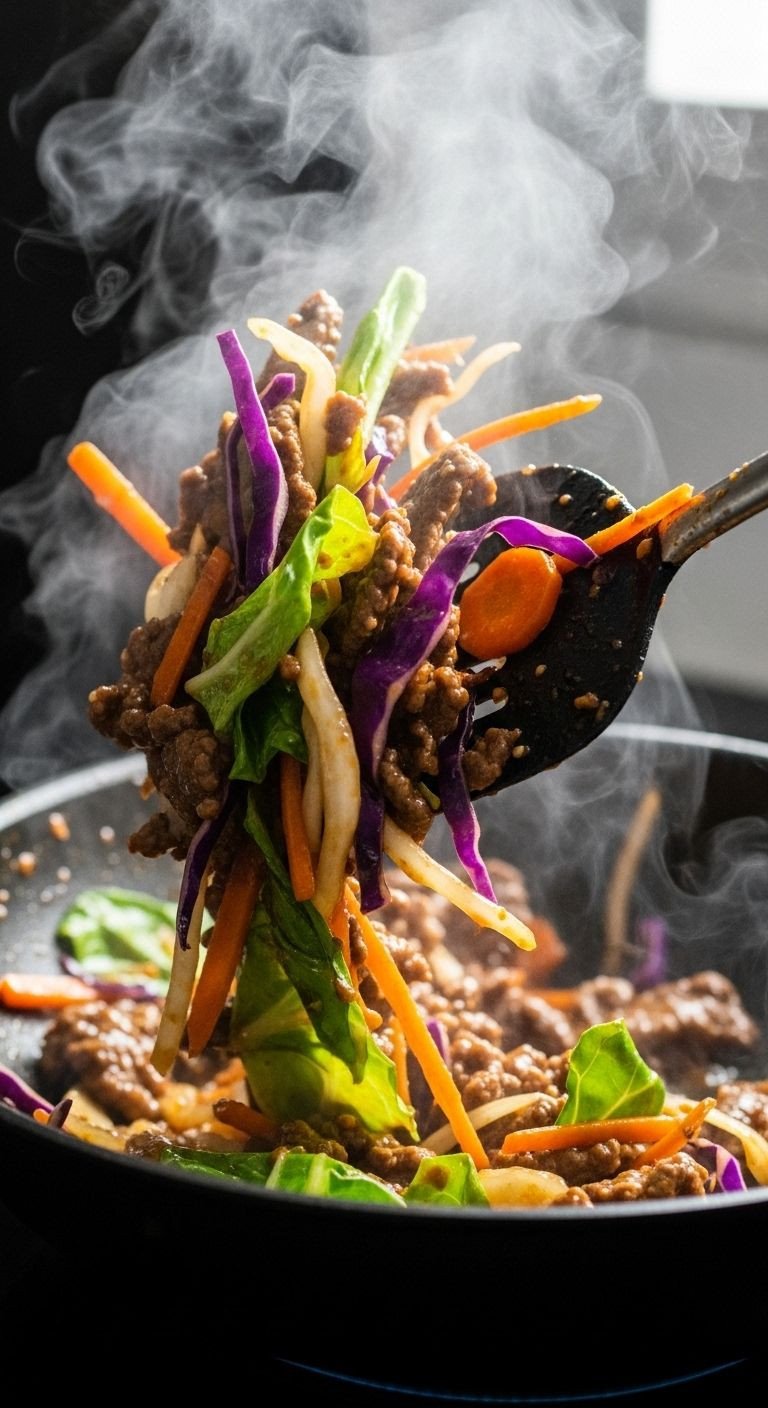 A dynamic shot of colorful beef and vegetable stir-fry being tossed in a dark wok.