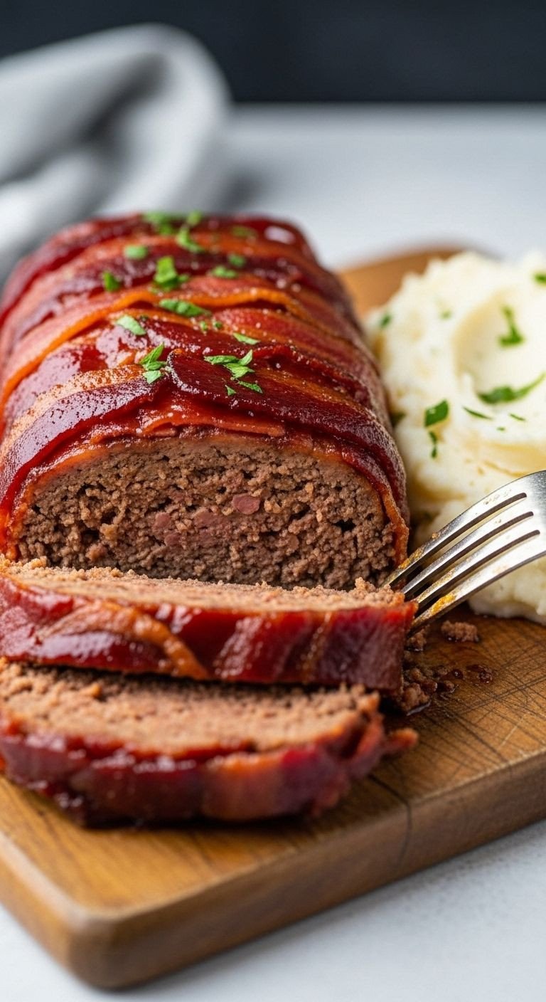 A perfectly sliced bacon-wrapped meatloaf on a cutting board, showing juicy texture and crispy bacon, with mashed potatoes.