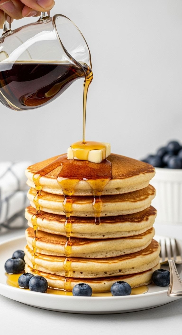A tall stack of fluffy pancakes with melting butter and maple syrup dripping down, garnished with blueberries.