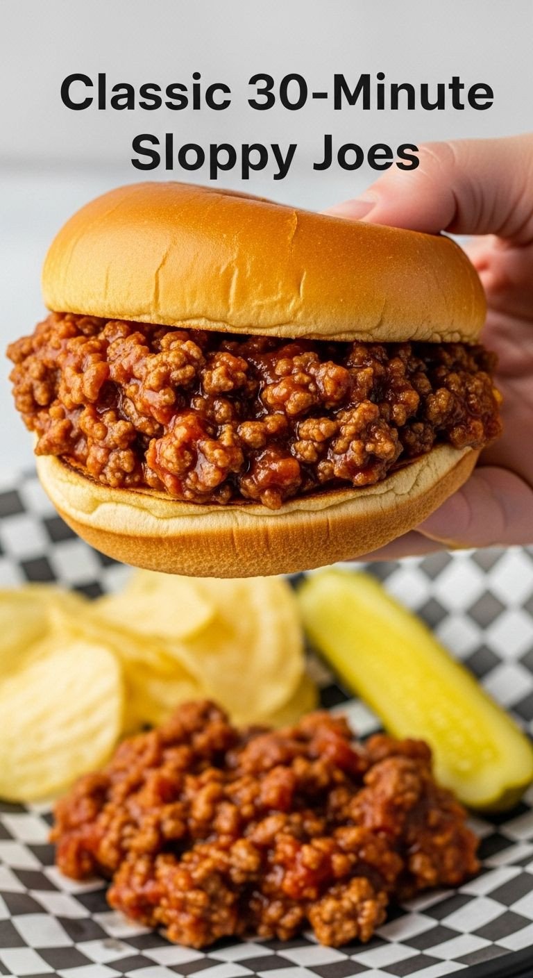 A hand holds a classic sloppy joe with sauce spilling from a toasted brioche bun, with potato chips and a pickle in the background.