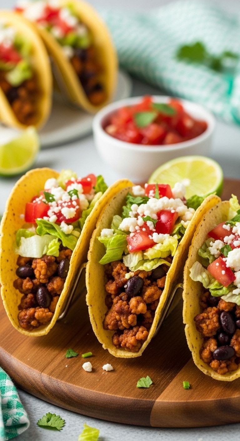 Three ground chicken and black bean tacos in a holder on a wooden board, with salsa and lime in the background.