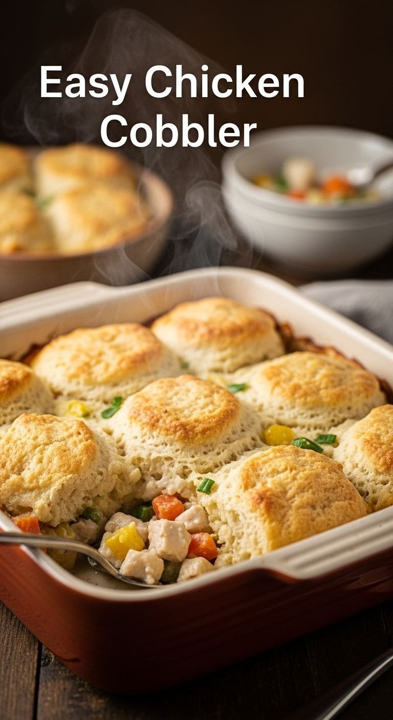 A rustic ceramic baking dish holds easy chicken cobbler with a golden biscuit topping, revealing creamy filling after a scoop is removed, with steam gently rising.