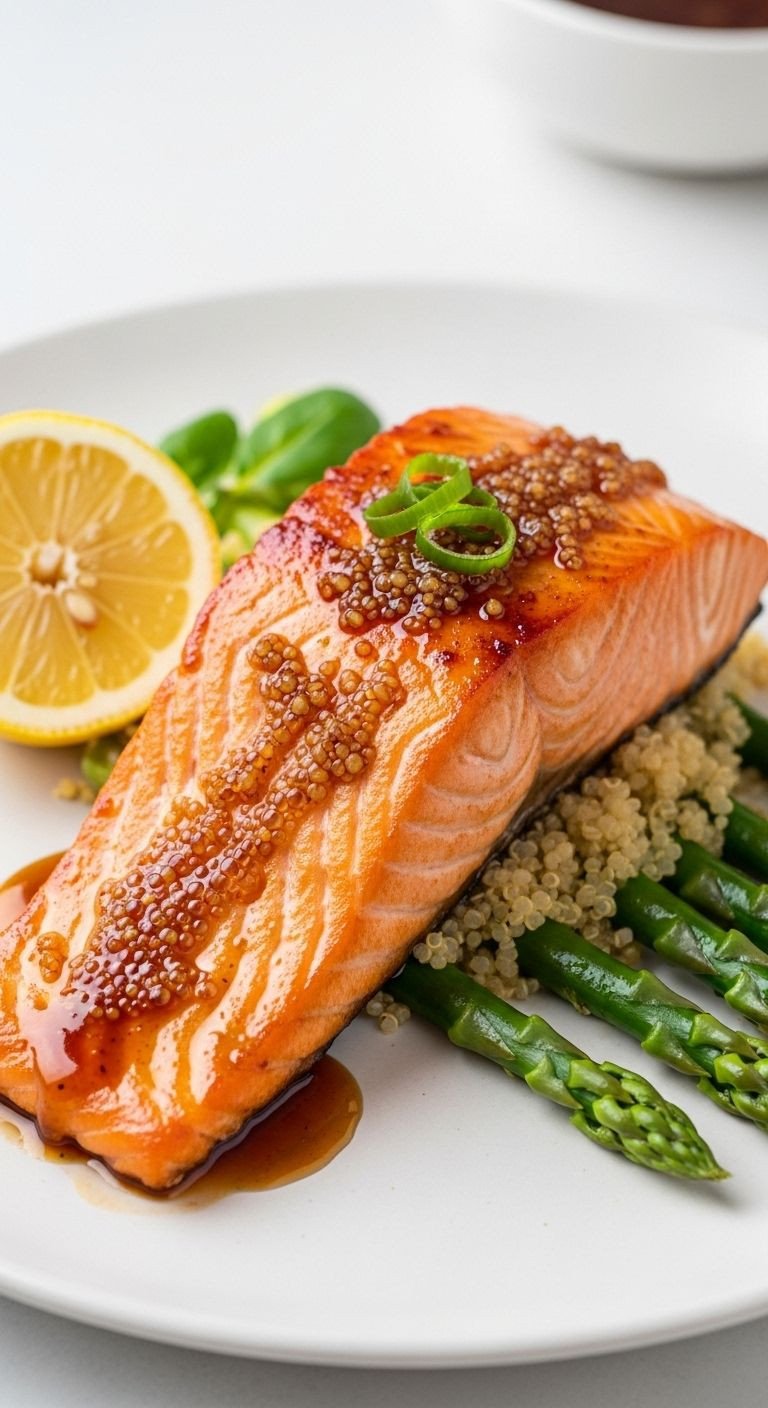 A perfectly cooked single salmon fillet with caramelized brown sugar glaze rests on a bed of quinoa with asparagus and a lemon wedge on a minimalist white plate.