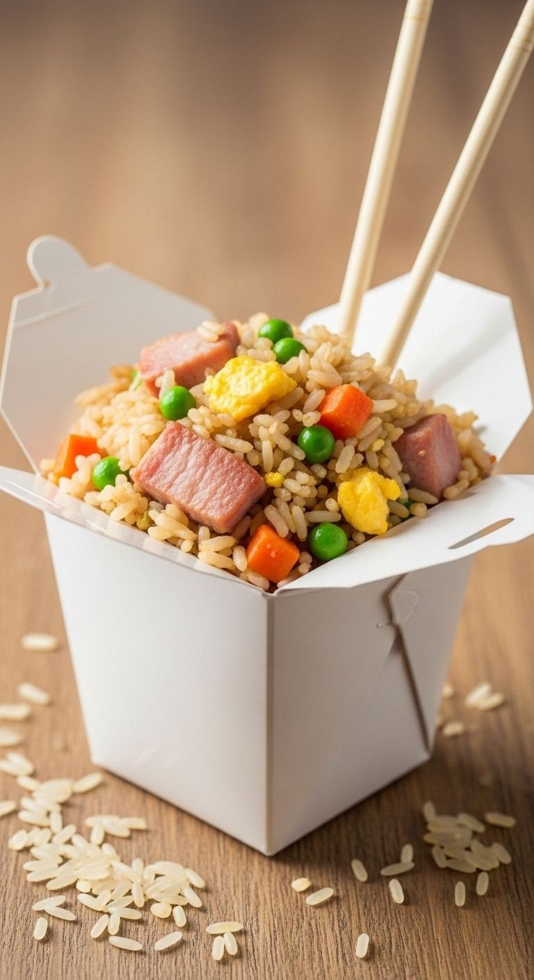 A single serving of pork fried rice piled high in a white takeout box with chopsticks, on a wooden table.