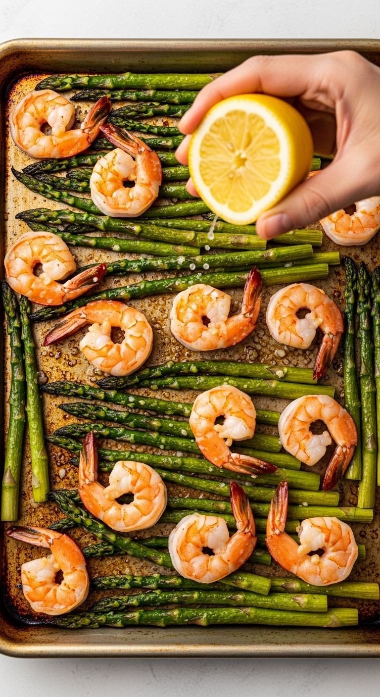 A top-down view of a sheet pan with roasted shrimp and asparagus, glistening with garlic butter, as a hand squeezes a lemon wedge over it.