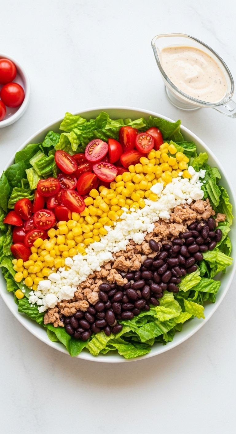 Overhead flat lay of a large white bowl filled with a colorful Spicy Southwest Salad with a side of creamy salsa dressing.