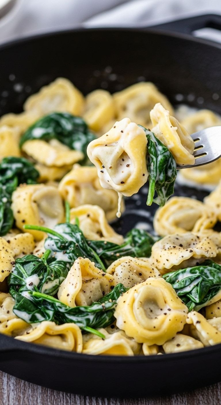 A close-up shot of skillet Cacio e Pepe tortellini with spinach, a fork lifting a few pieces, highlighting the creamy sauce and pepper flecks.