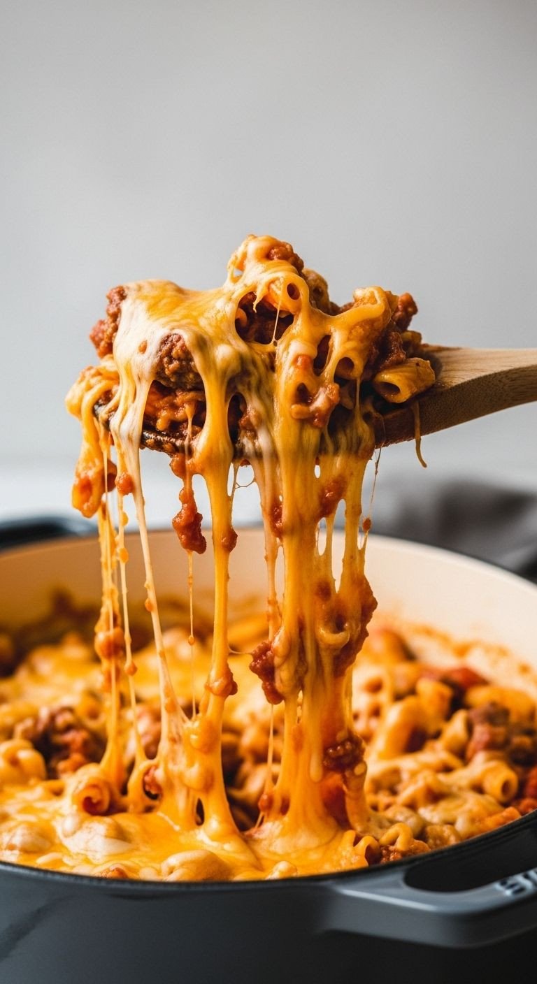 A wooden spoon lifts a cheesy scoop of one-pot cheeseburger pasta from a rustic Dutch oven, with melted cheese stretching.