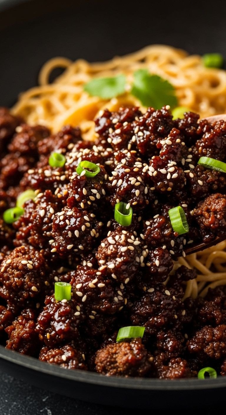 A close-up shot of crispy Mongolian ground beef being tossed in a wok, covered in a glossy dark sauce, with noodles in the blurred background.