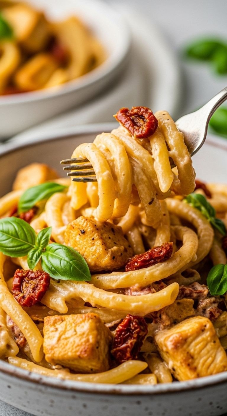 A close-up shot of a fork twirling creamy Marry Me Chicken Pasta out of a rustic bowl, with sun-dried tomatoes and basil visible.