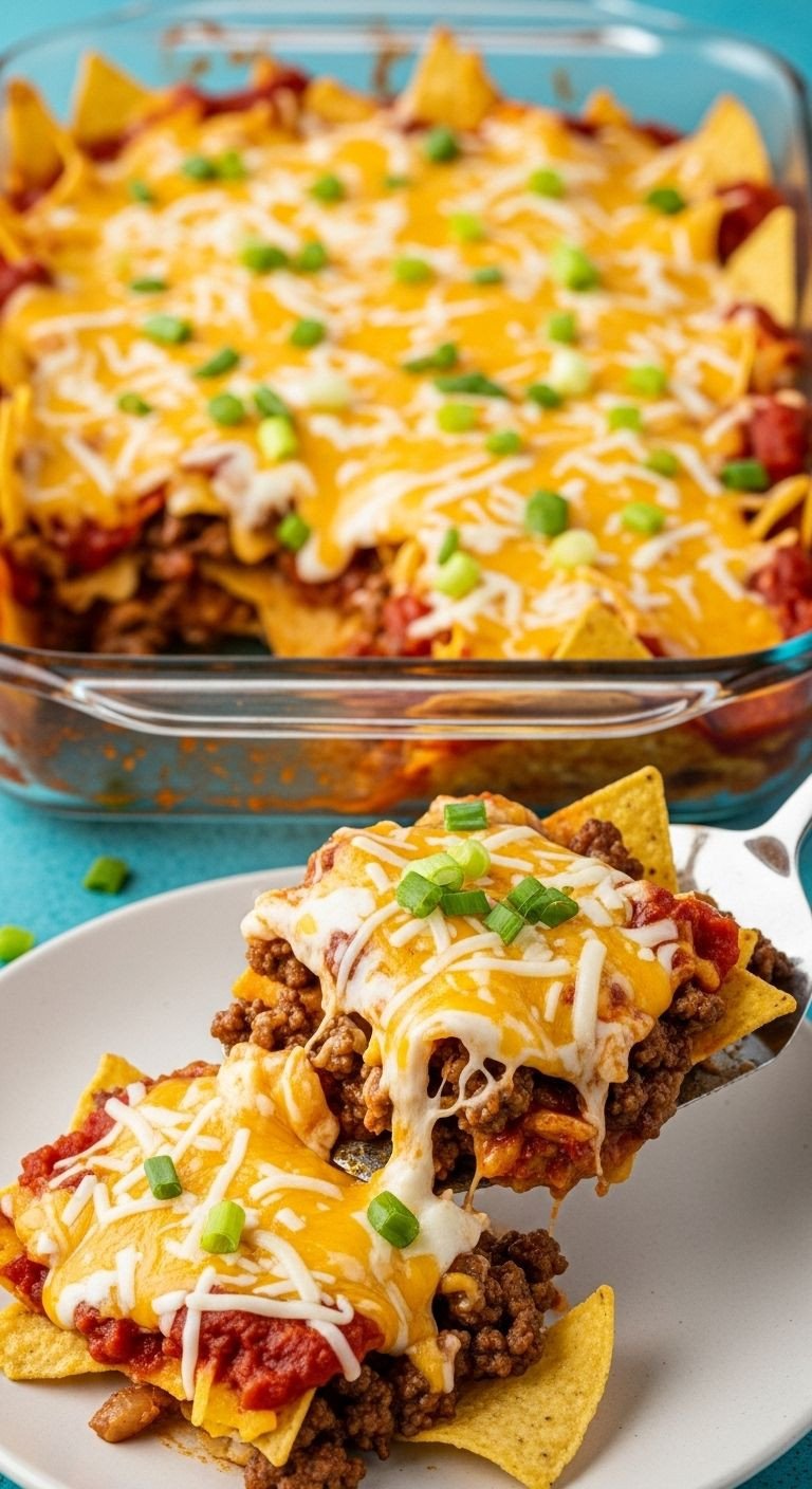 A rectangular glass baking dish filled with bubbly, golden-brown taco casserole, with a spatula serving a messy scoop, revealing layers of chips, beef, and cheese.
