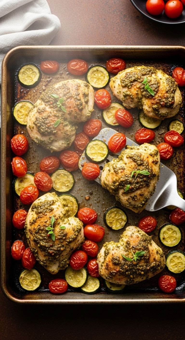 A top-down shot of a metal sheet pan filled with roasted pesto chicken, cherry tomatoes, and zucchini, with a spatula lifting a portion.