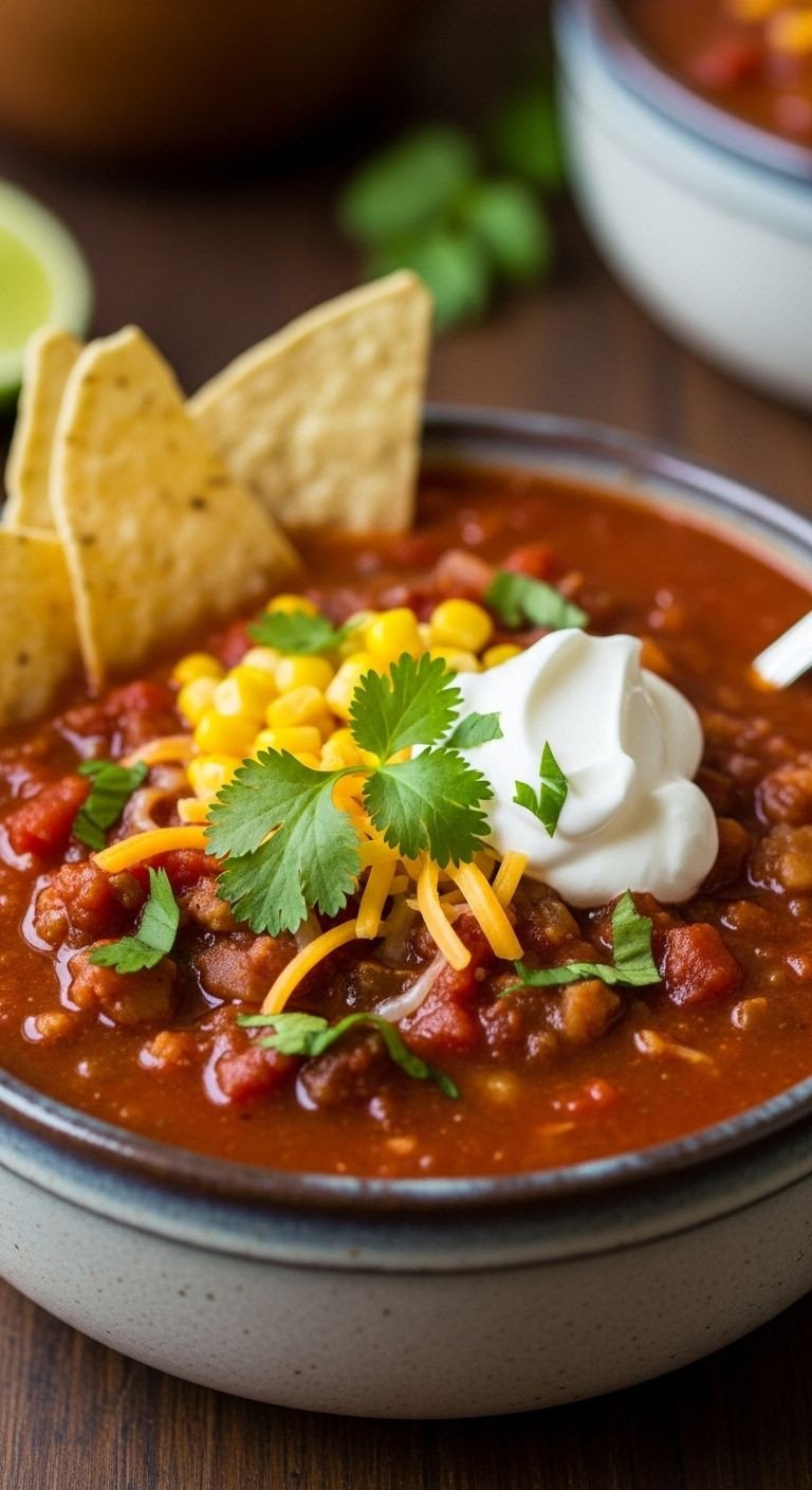 A close-up of a rustic ceramic bowl filled with thick taco soup, topped with sour cream, cheese, cilantro, and tortilla chips on a dark wood table.