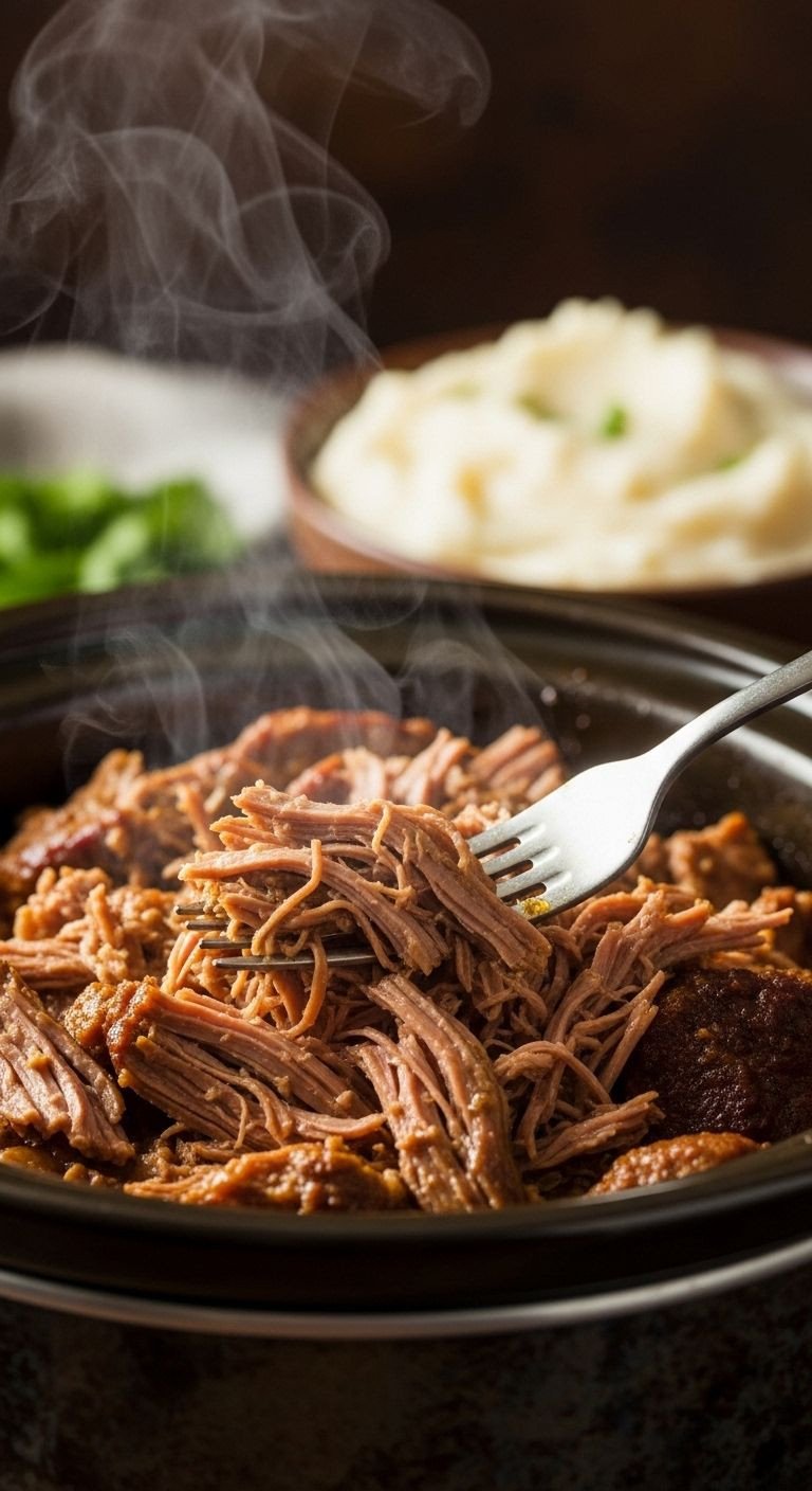 A fork gently shreds tender Mississippi Pot Roast in a rustic crockpot, with mashed potatoes in the background.