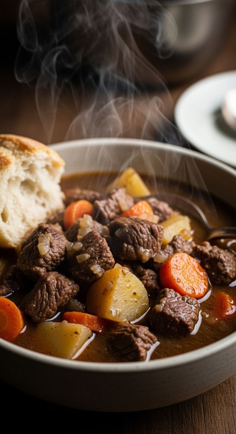 A rustic ceramic bowl brimming with chunky beef stew, with crusty bread on the side.