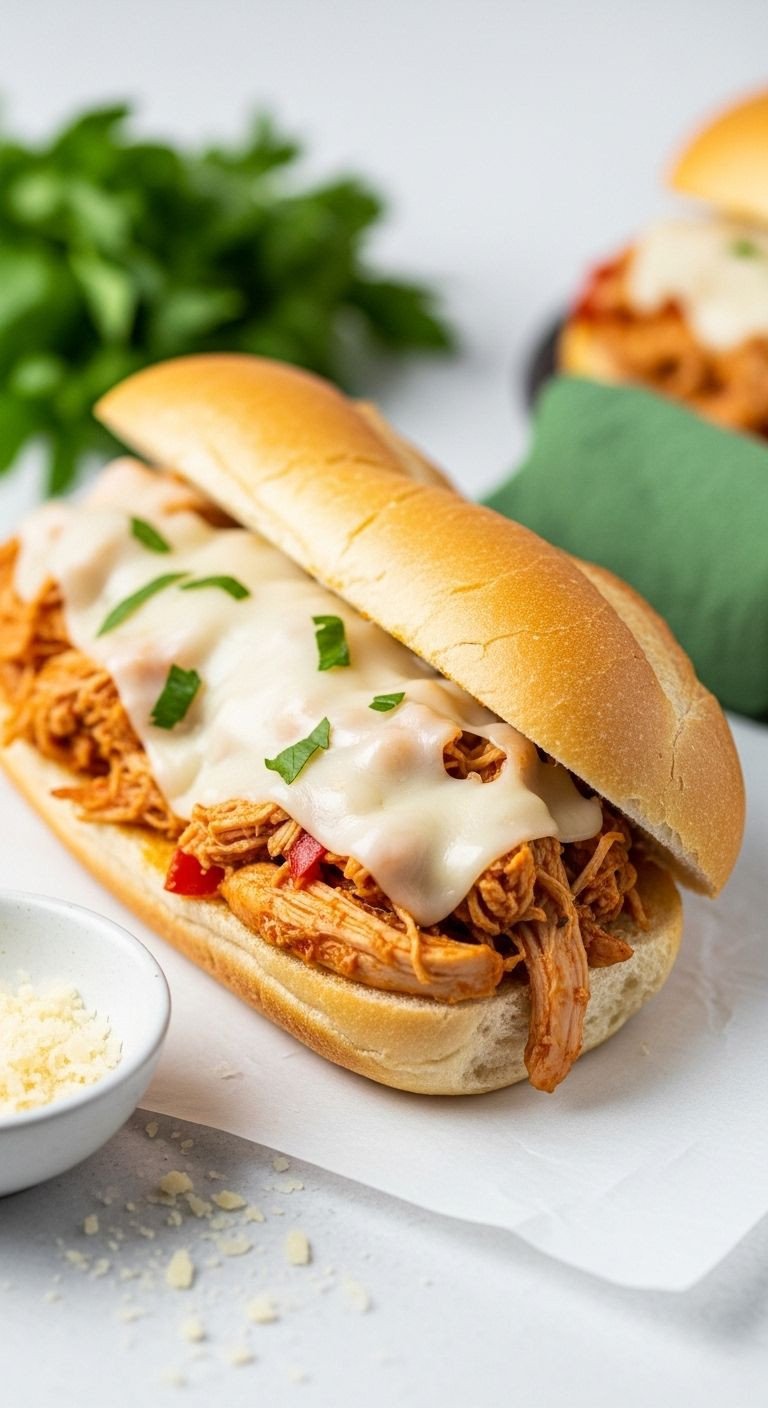 A vertical view of an open sub sandwich filled with shredded Italian chicken and melted provolone cheese.