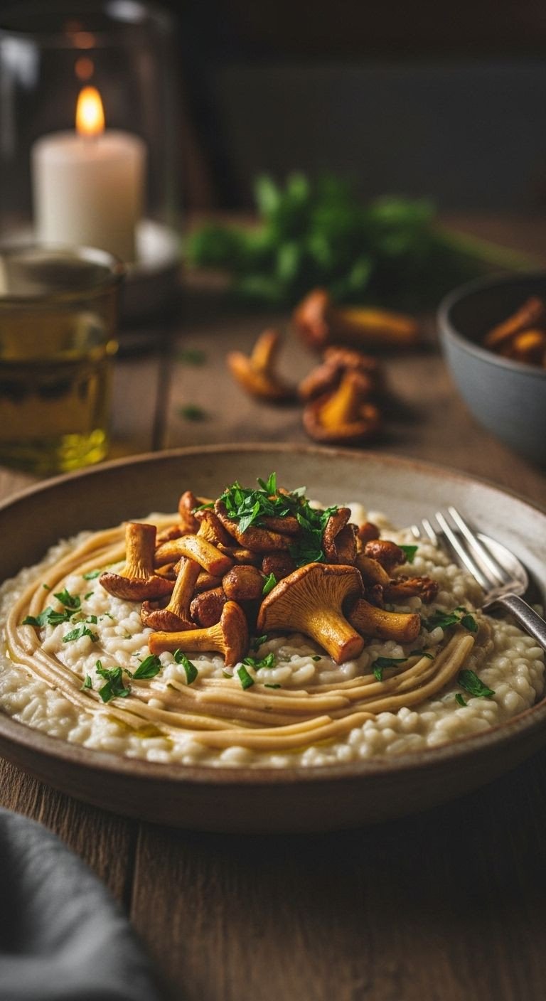 A rustic bowl of creamy risotto topped with sautéed wild mushrooms and parsley.