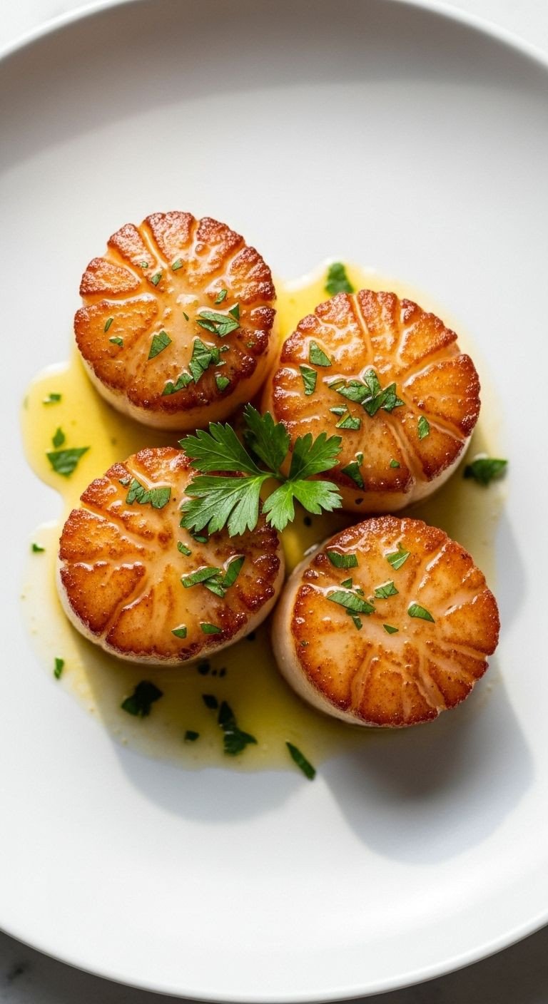 Three perfectly seared scallops with brown butter and parsley, artfully arranged on a white plate.