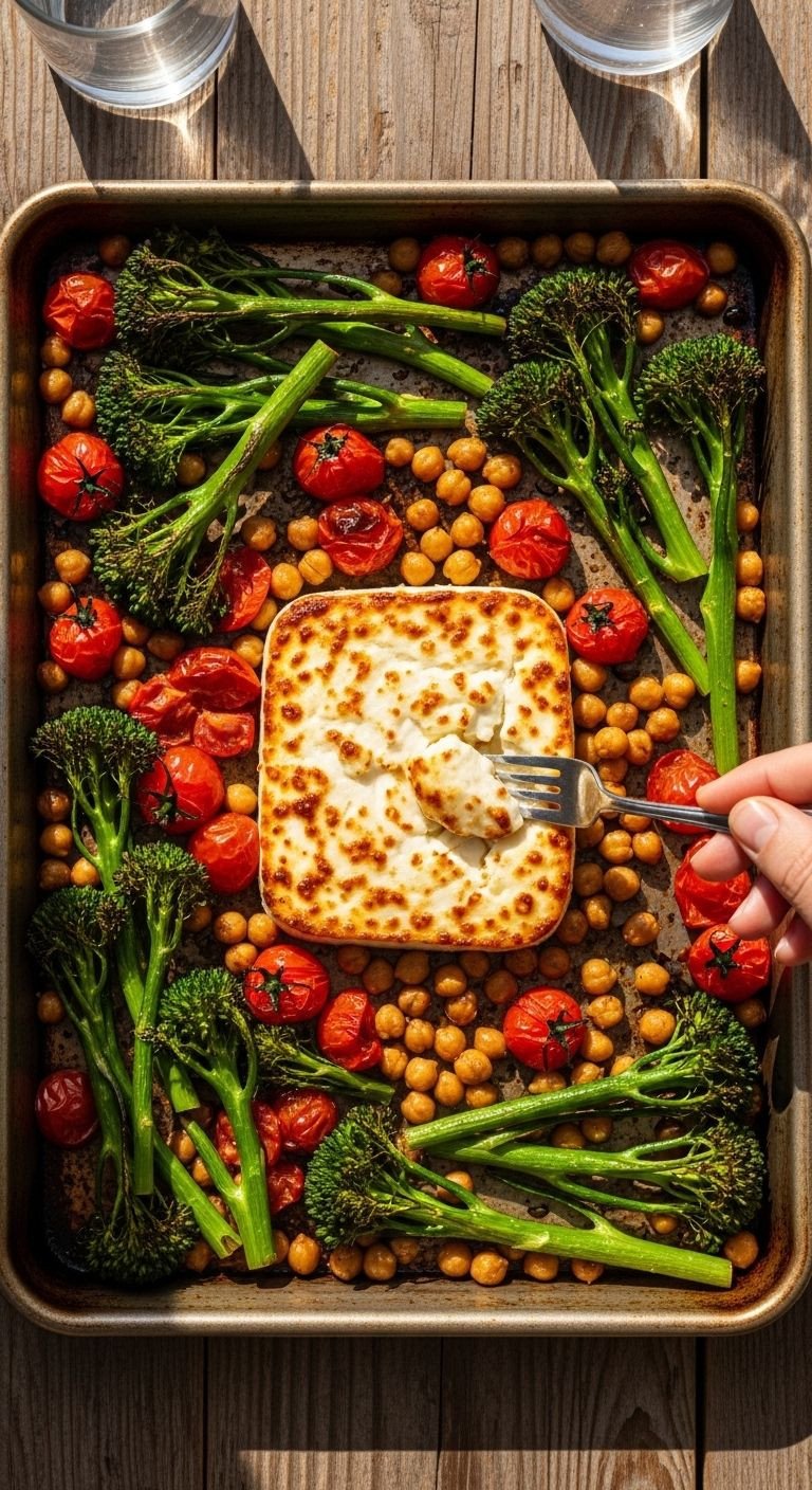 Baked feta with burst cherry tomatoes, roasted broccolini, and crispy chickpeas on a rustic sheet pan under Mediterranean sunlight
