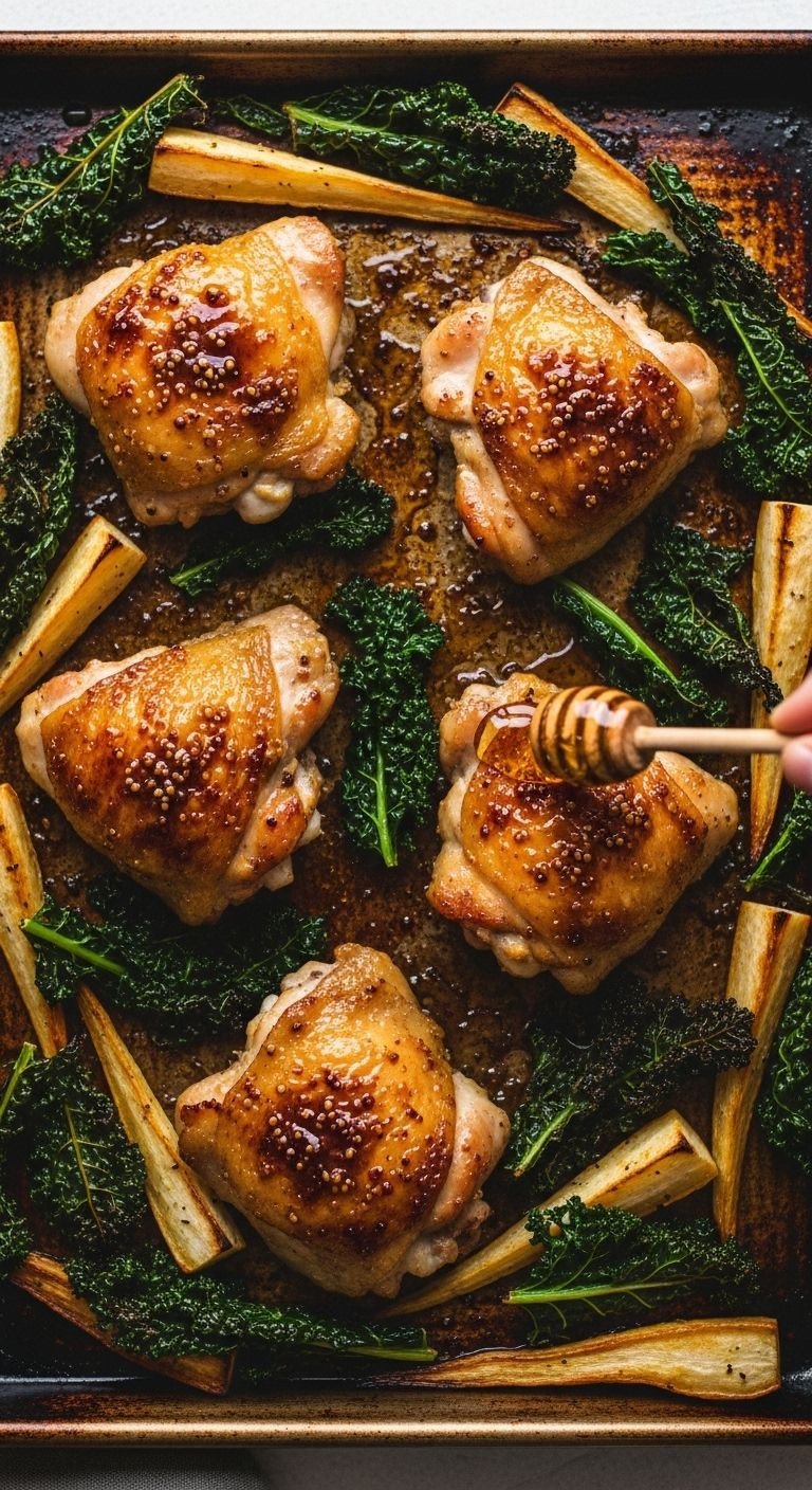 Honey mustard chicken thighs with roasted parsnips and crispy kale on a rustic sheet pan under golden-hour light