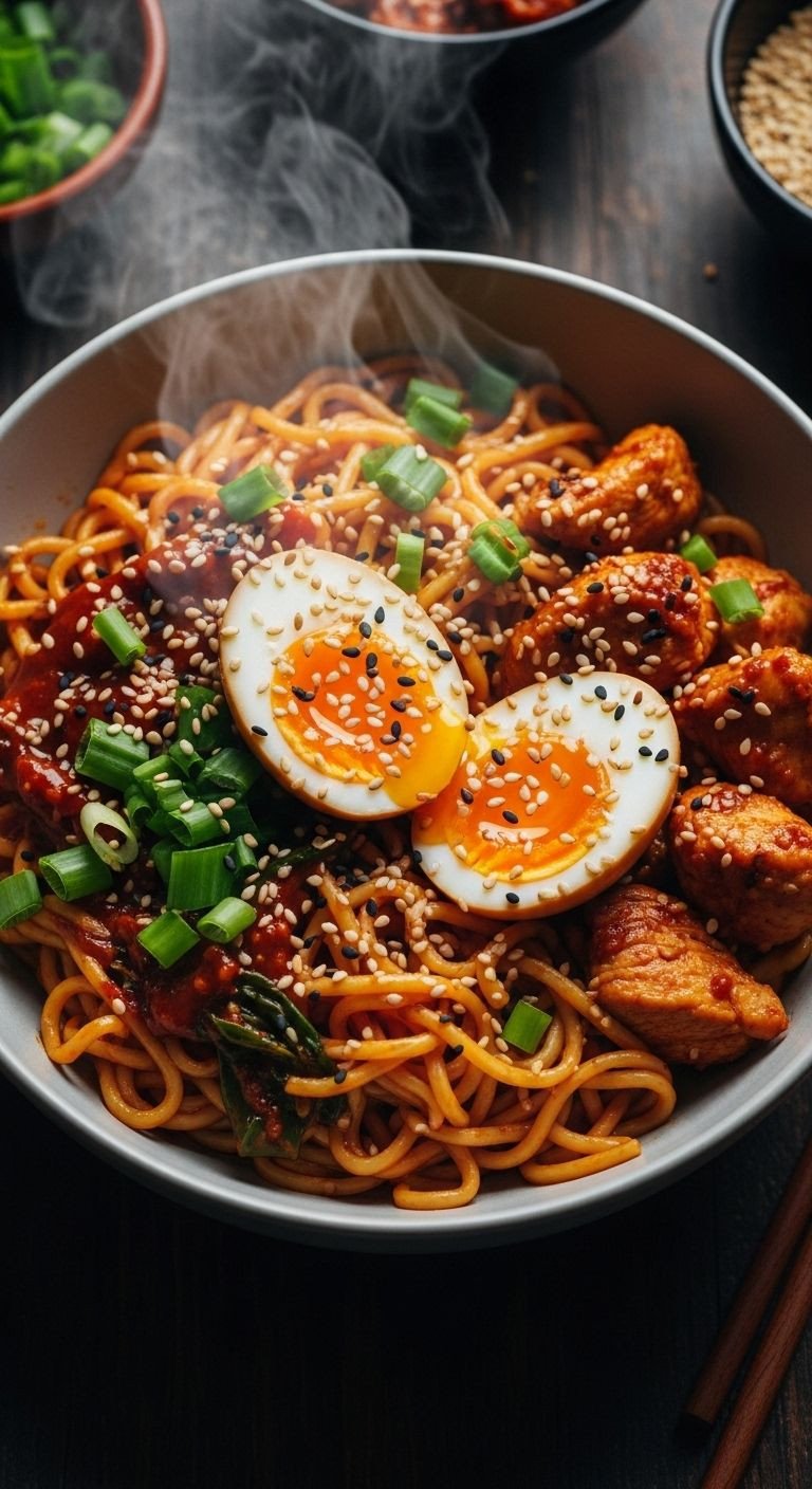 Fiery chicken ramen with creamy garlic sauce in a cozy, rustic bowl with soft-boiled egg and green onion garnish.