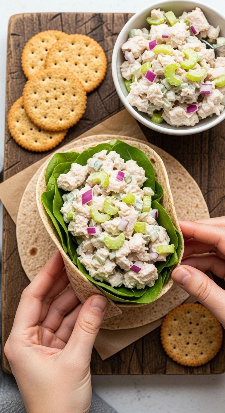 High protein chicken salad wrap with whole-grain crackers on rustic board