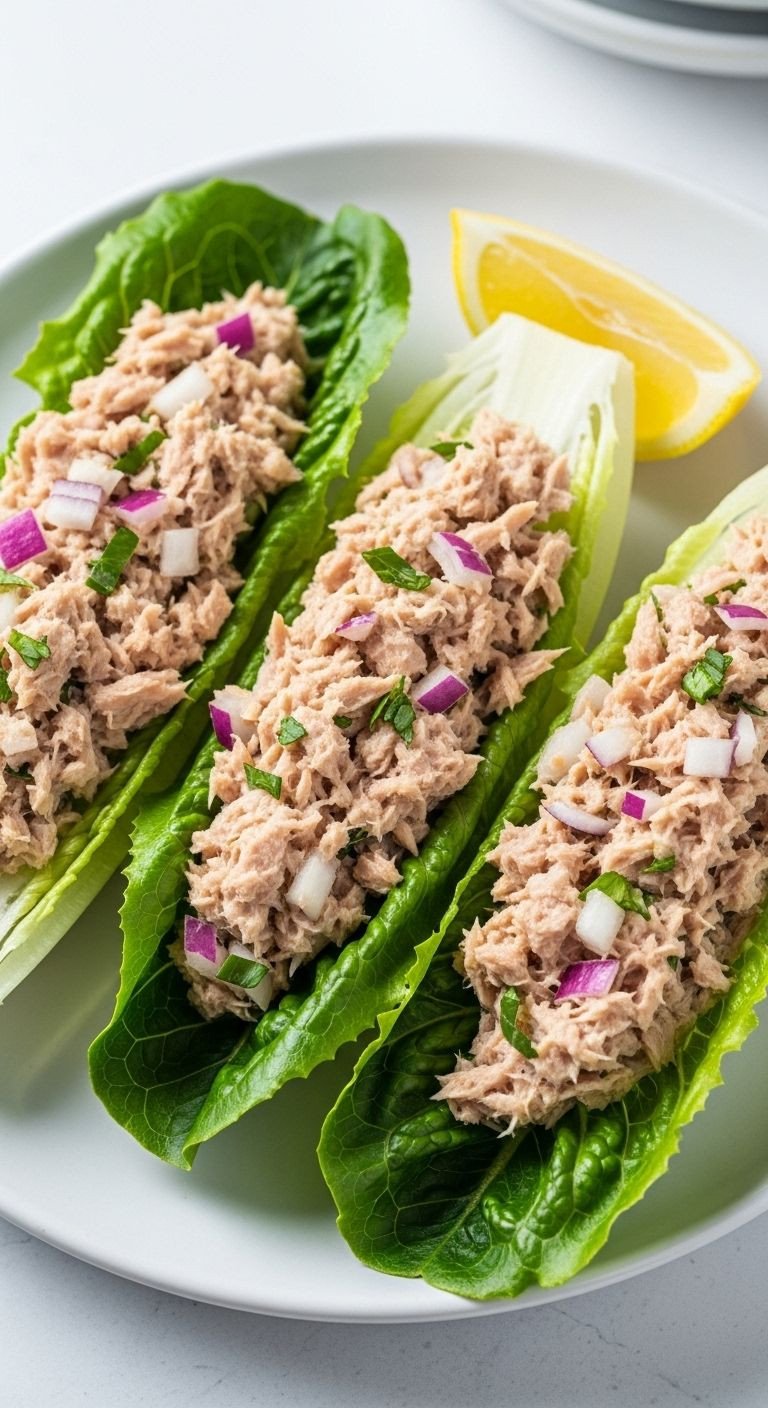 Tuna salad lettuce wraps with lemon wedge on white ceramic plate