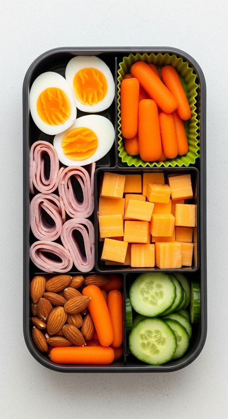 High protein bento lunch box with eggs, ham, cheese, carrots, cucumbers, and almonds