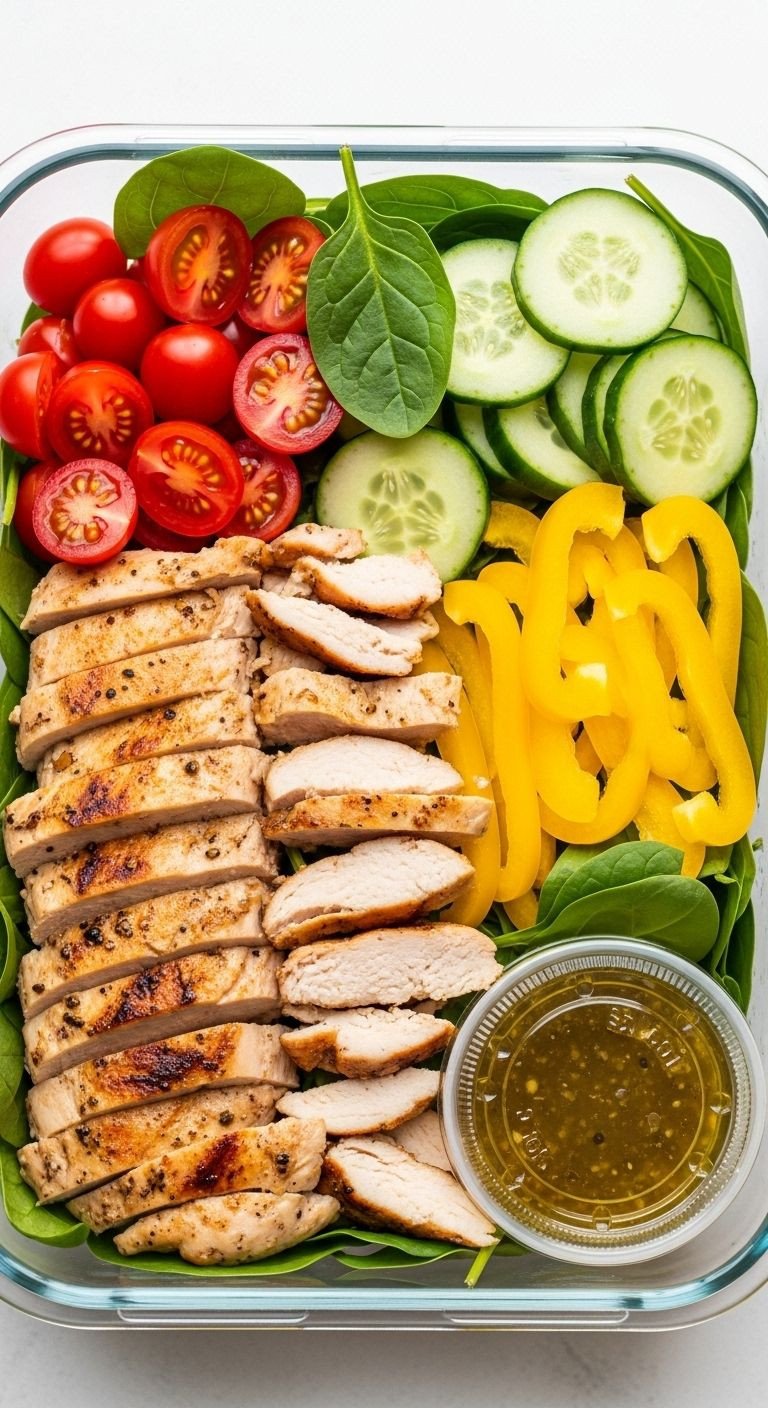 Grilled chicken power salad with colorful veggies in a glass meal prep container