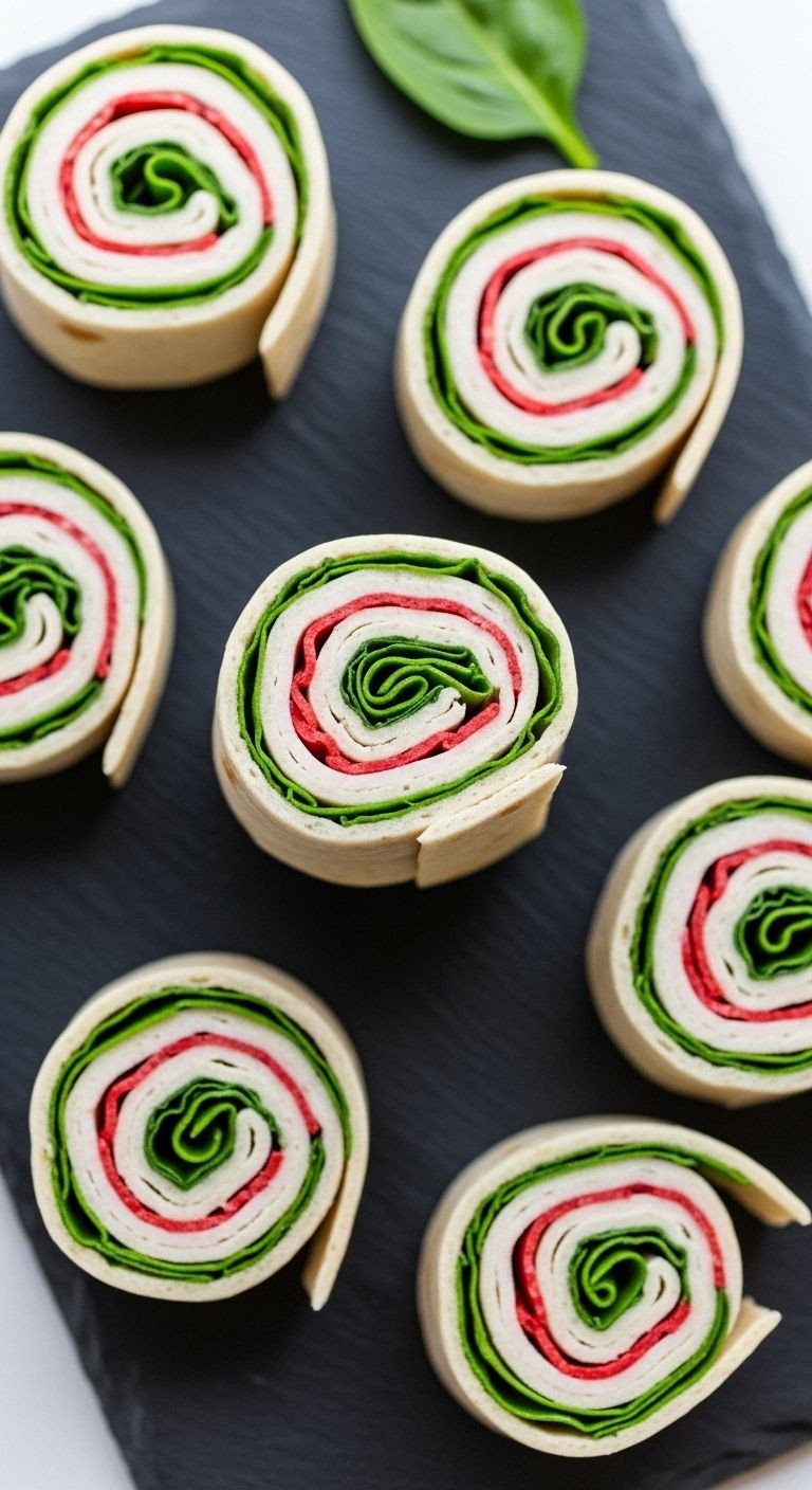 Turkey and spinach pinwheels with colorful spiral layers on a slate serving board
