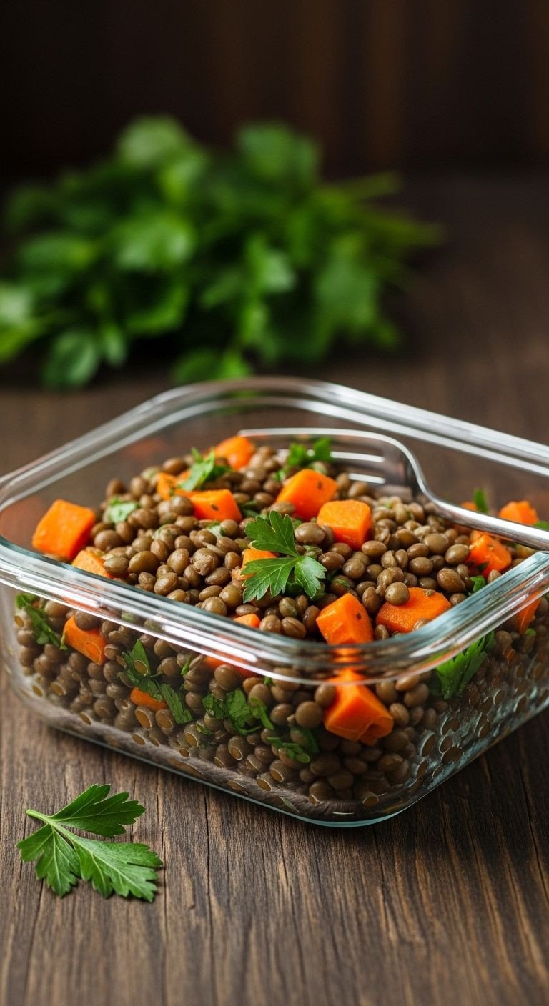 Colorful lentil salad with carrots and parsley in a glass meal prep container on rustic wooden table