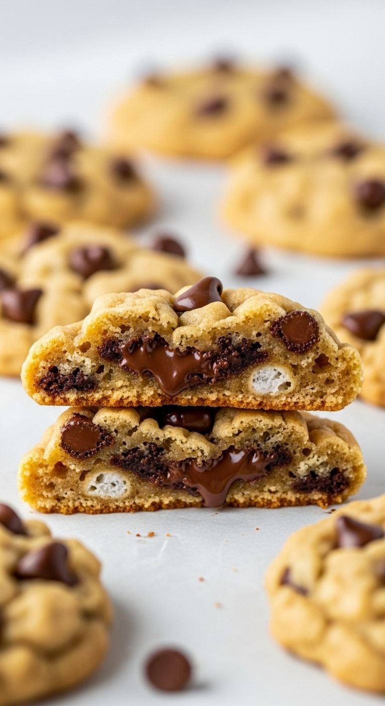 Close-up of a broken Rice Krispie chocolate chip cookie showing gooey chocolate and chewy texture.