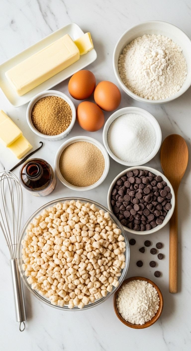 Cookie ingredients: butter, sugar, eggs, vanilla, flour, Rice Krispies, chocolate chips