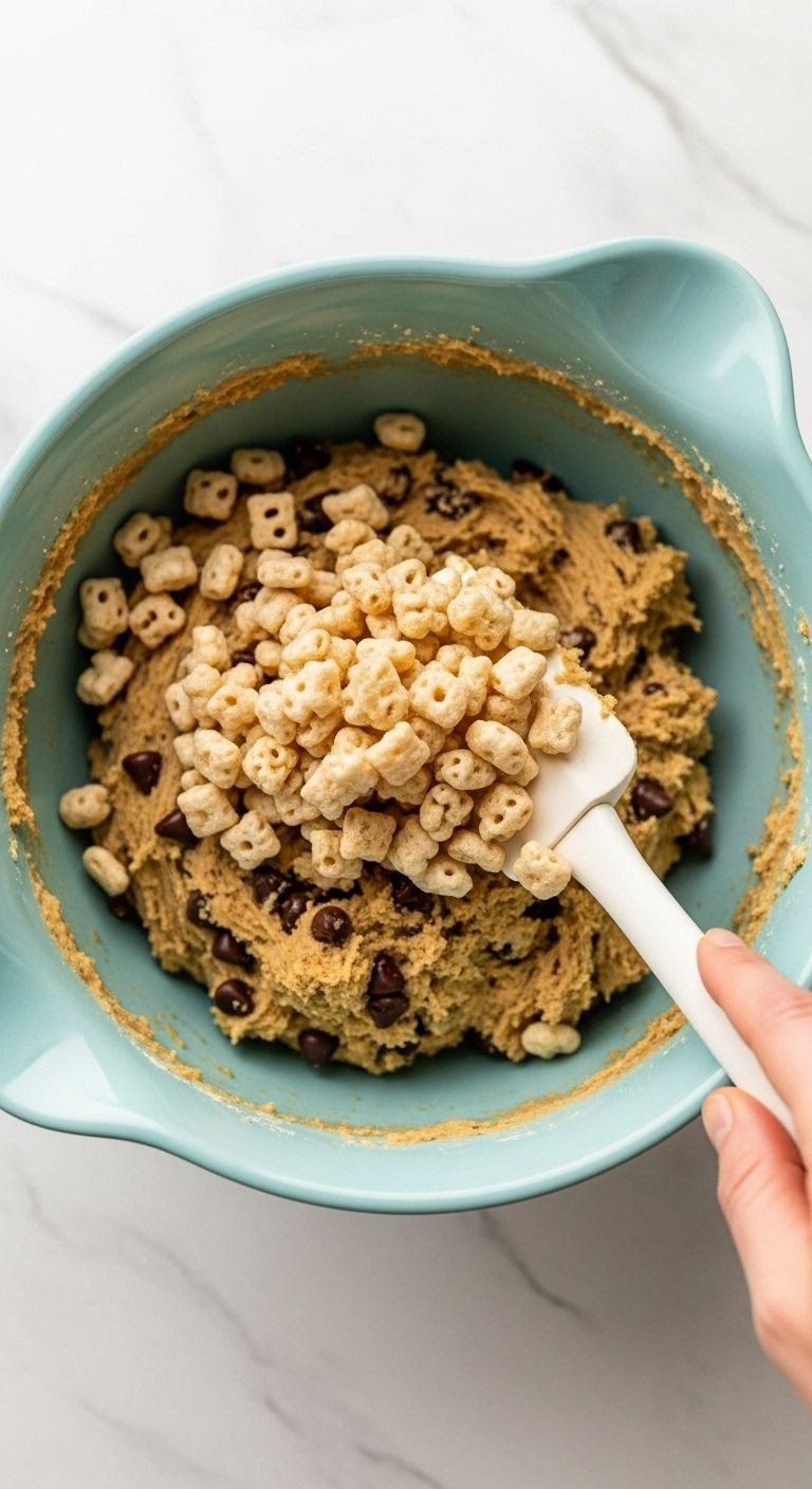 Mixing cookie dough with Rice Krispies and chocolate chips