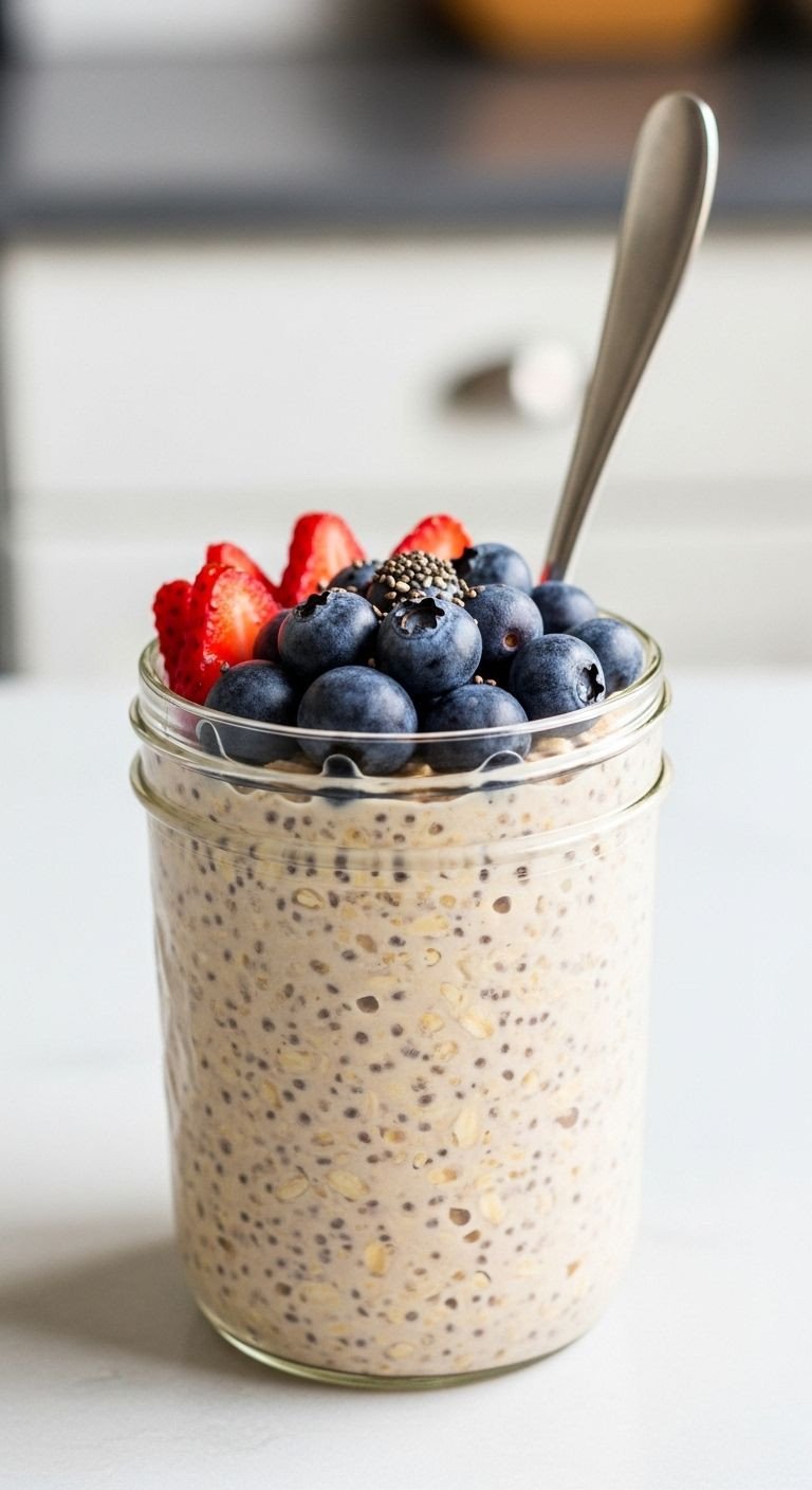Overnight oats in a glass jar topped with fresh berries and chia seeds on a kitchen counter