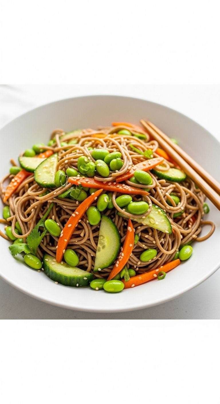 Soba noodle salad with edamame, carrots, and cucumber in a white bowl with chopsticks