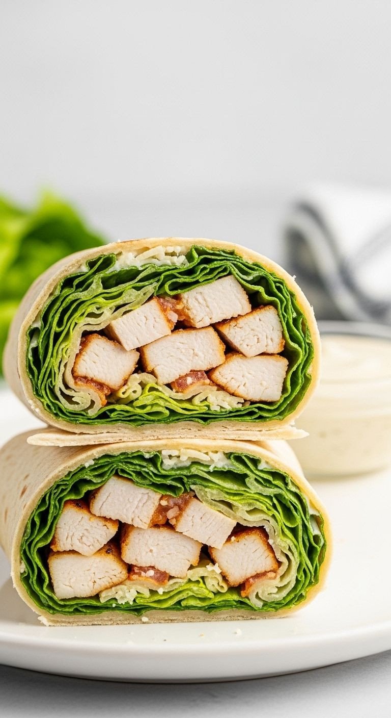 Chicken Caesar wrap halves showing grilled chicken, romaine, and parmesan on white plate