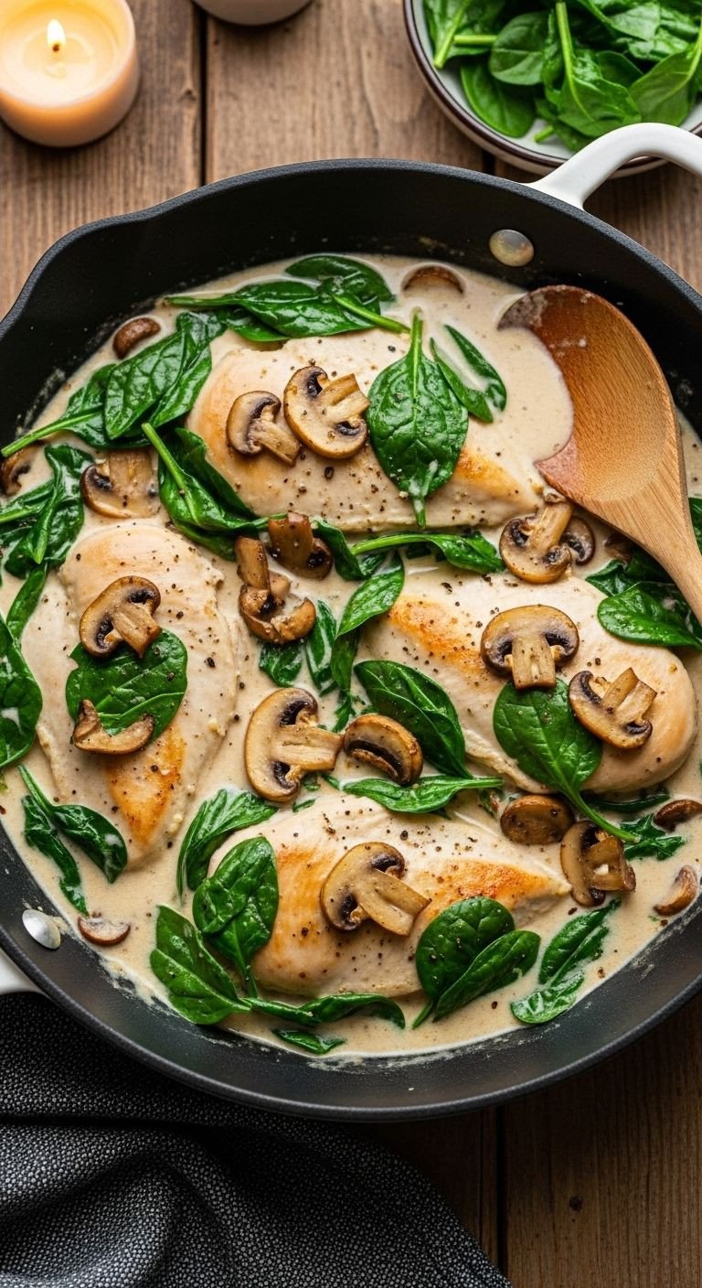 Skillet of creamy garlic parmesan chicken with spinach, mushrooms, and wooden spoon rustic top-down view